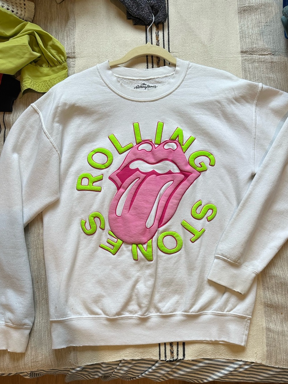 the Rolling Stones White Sweatshirt with Pink Tongue and Neon Green Logo